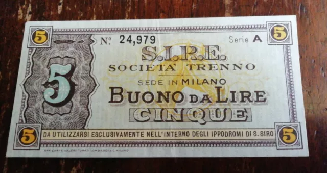 Biglietto Ticket Buono Da Lire 5 Cinque Sire Societa' Trenno Milano Ippodromo