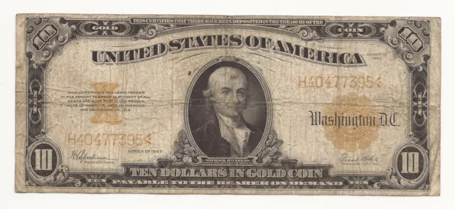 1922 $10 Dollar Bill Gold Certificate Awesome Large Size Note 395-ICPZ