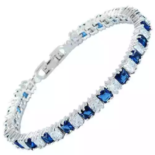 New 7" White Gold Emerald Cut Blue Sapphire & White Topaz Tennis Bracelets 18kgp