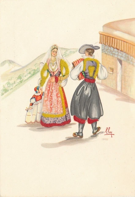 Cartolina Costumi Sardegna Ittiri Teulada Tempera di Lola Loy Non Viaggiata