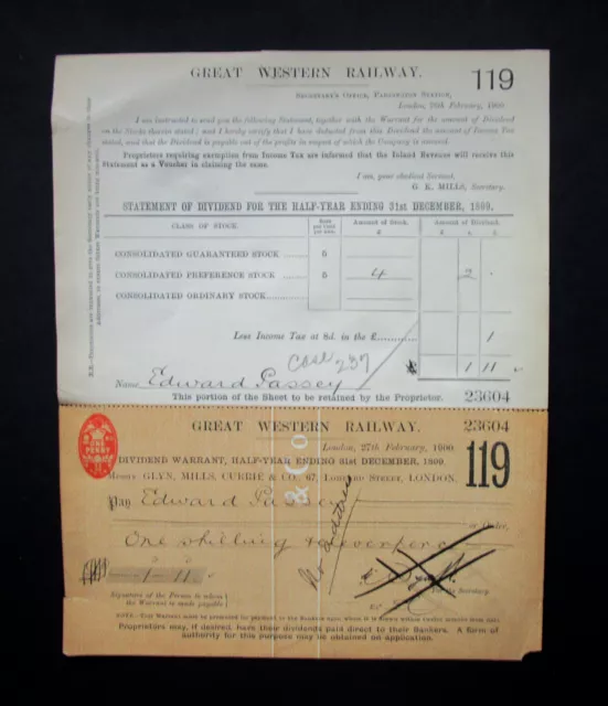 Rare Antique 1900  G.w. Railway Comp Share Dividend With Cheque Still  Attached