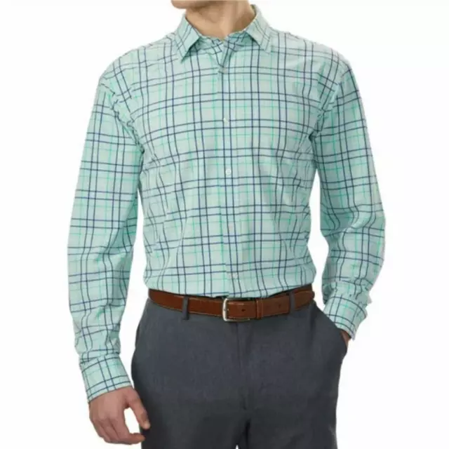 Lands End Commuter Button Shirt Mens XXL 18-18.5 Green Plaid Stretch Performance