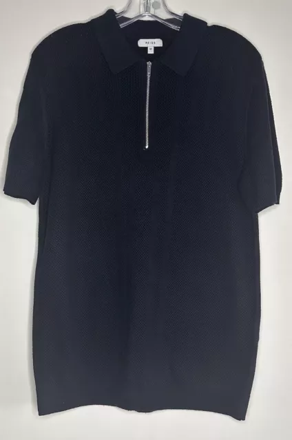 Reiss Polo Shirt Top Medium Navy Blue Knitted  Short Sleeve 1/4 Zip Collar BNWOT