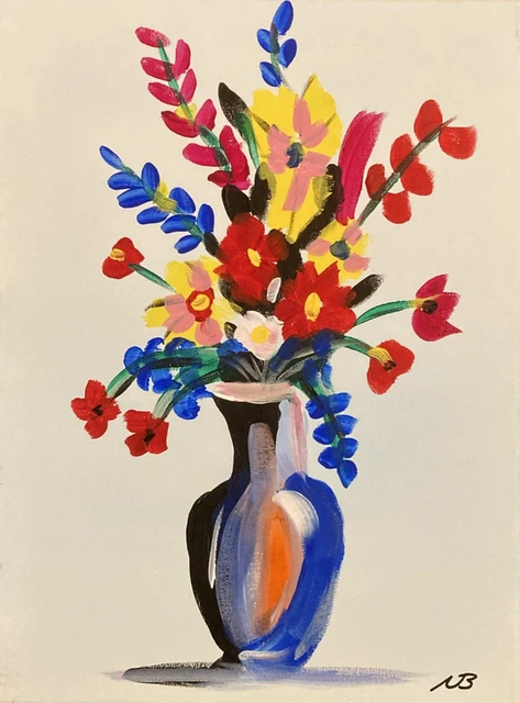 Peinture Acrylique IKEA HALLARYD – Vase Abstrait Fleurs Vibrantes, Signé, 35,5cm