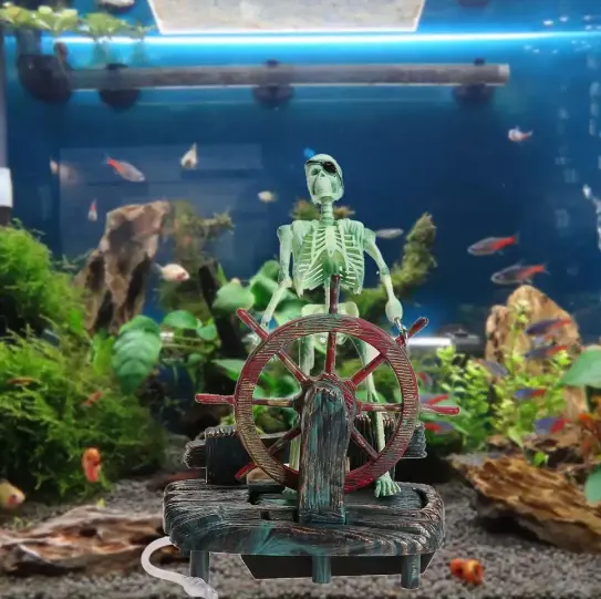 Pirate Captain Aquarium Decorations Landscape Skeleton on Wheel Fish Tank