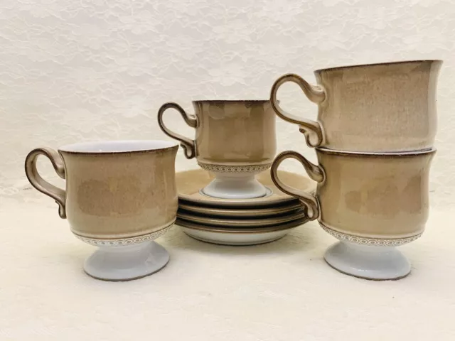 Denby Langley Seville Footed Cups And Saucers 4 3 1/4” Tall Set of 4 Tan White
