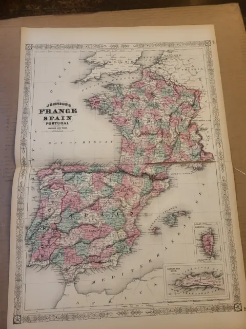 Johnson's 1864 Large colored map of France, Spain and Portugal
