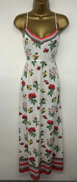 H&M COACHELLA Maxi Dress White Pink Floral Cut Out Side Strappy UK 8/10 EU 34