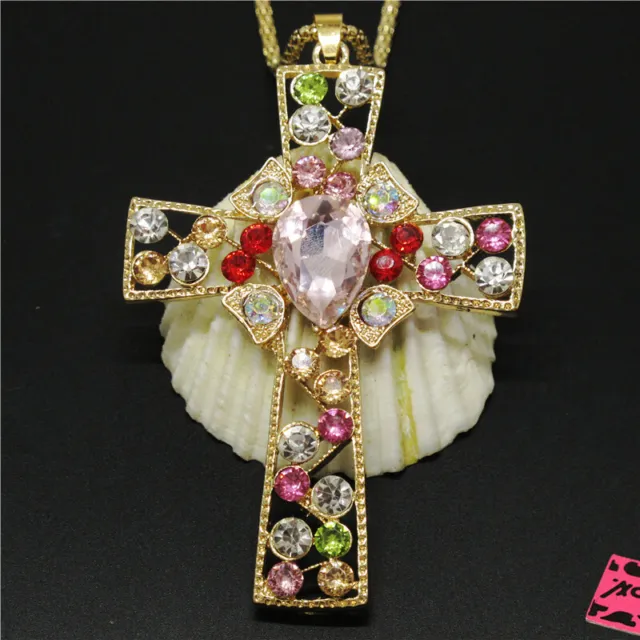 Hot Lovely Color Bling Pink Cross Crystal Pendant Holiday gifts China Necklace