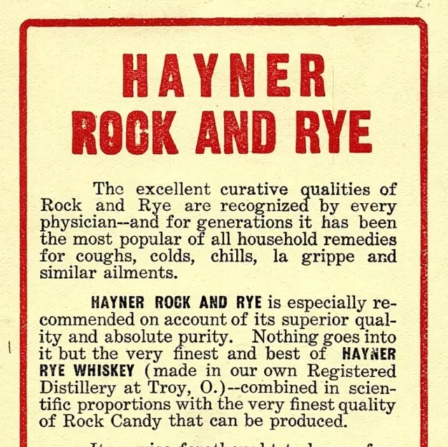 c.1900 Hayner Rock & Rye Whiskey Pre-Pro Ad Flyer Handbill Dayton Troy Ohio