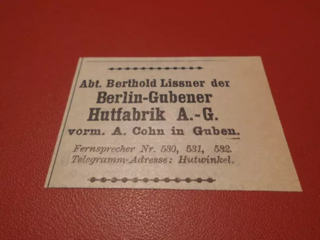 Abt. Berthold Lissner der Berlin-Gubener Hutfabrik(Cohn Guben):Werbeanzeige 1929