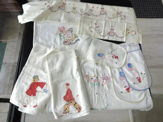 9Pc Lot Of Vintage Hand Embroidered & Appliqued Baby Infant Cotton Crib Linens