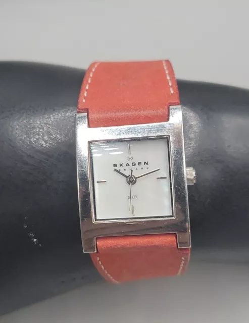 Vintage Skagen Denmark Steel Ladies Watch 7" Red Leather Band 21mm Case