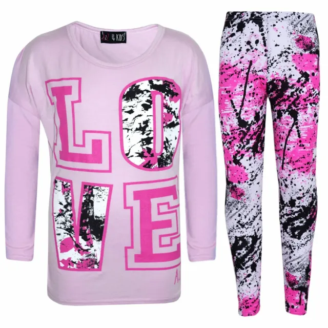 Kids Love Print Splash 3/4 Sleeve Baby Pink T-Shirt Top Leggings Set Girls 7-13