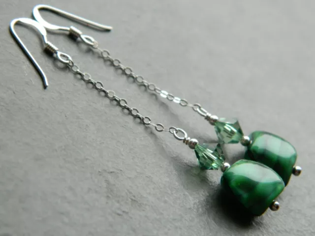 Vintage Green Satin Glass, Swarovski Crystal Elements & Sterling Silver Earrings