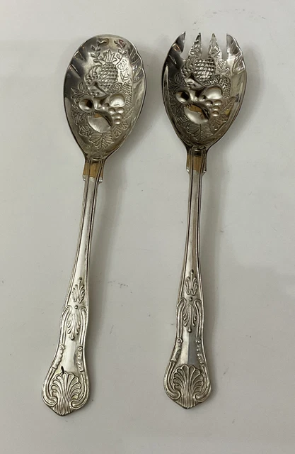 Par de servidores de ensaladas vintage Kings Patt Berry Design 22 cm plato de plata