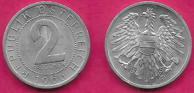 Austria 2 Groschen 1966 Unc Imperial Eagle With Austrian Shield On Breast,Holdin