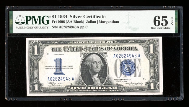 DBR 1934 $1 Silver Funnyback Gem Fr. 1606 AA Block PMG 65 EPQ Serial A02624943A