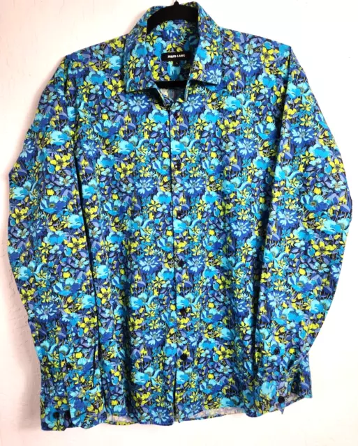 Jared Lang Mens Floral Print Long Sleeve Blue Button Up Dress Cotton Shirt Sz L