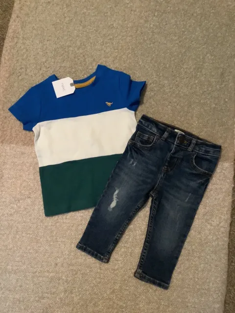 River Island, Next Baby Boys Outfit 6-9 Mesi, Jeans, Top Nuovo Con Etichette, Combina Post