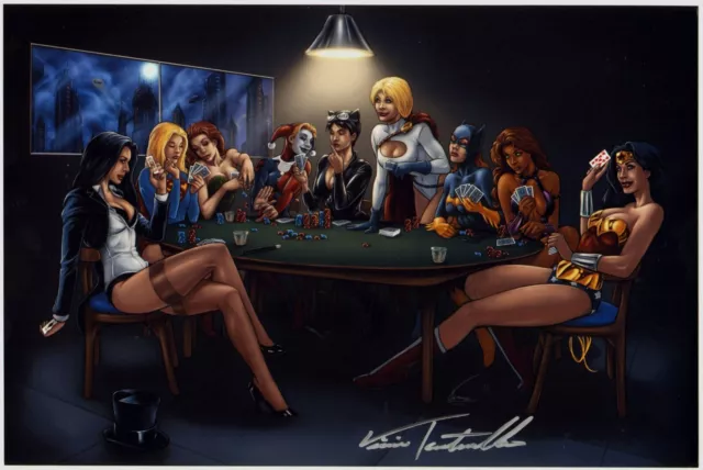 Vinnie Tartamella Signed Dc Poker Game Print-Wonder Woman, Harley Quinn!