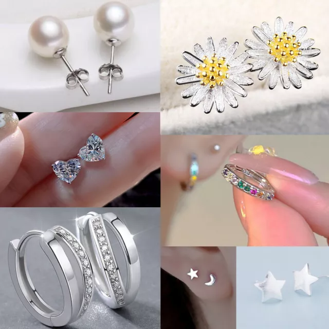925 Silver Stud Earring Pearl Daisy Flower Heart Earrings Women Wedding Jewelry