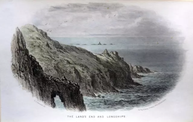 LANDS END LONGSHIPS CORNWALL c1840 GENUINE ANTIQUE ENGRAVING WITH HAND COLOUR