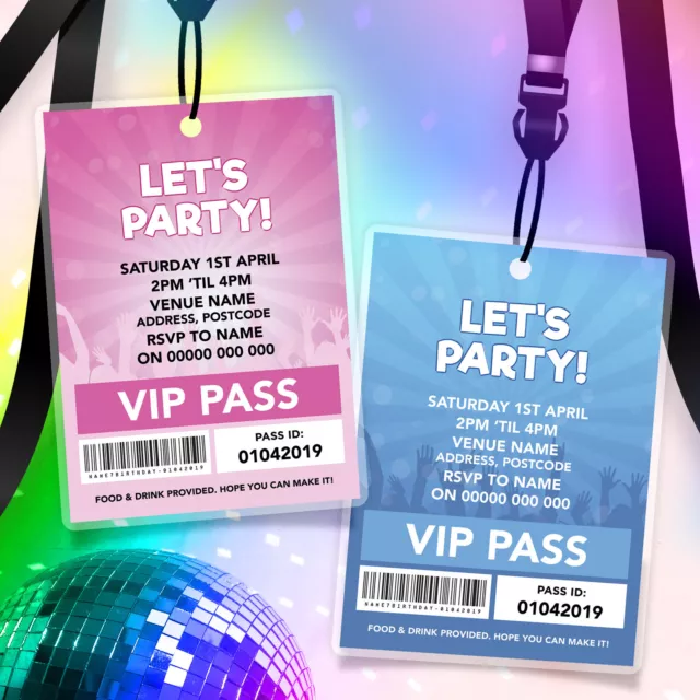 Personalised Disco Party Style Music Vip Passes Lanyards / Invitations Pink/Blue 2