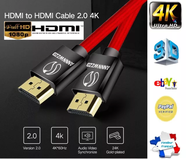 4K Câble HDMI 2.0 Plaqué or Tressé ULTRA FULL HD TV PC PS3 PLAYSTATION 3D 60Hz