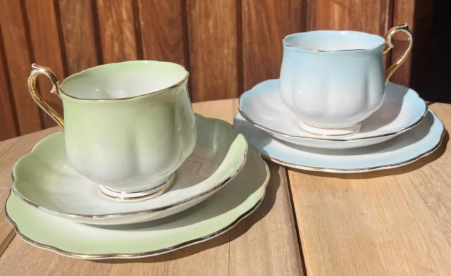 Vintage Royal Albert Rainbow Bone China Teacup Trios Blue & Green Lot X2