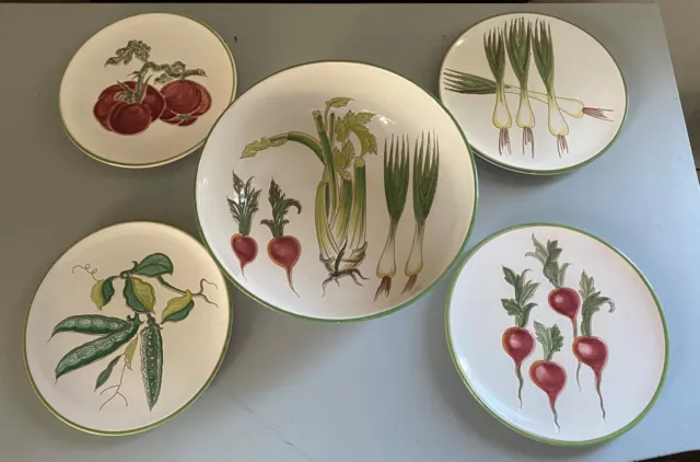 Vintage Italian Majolica Vegetable Hand Painted Salad Set Large Bowl & 4 Plates