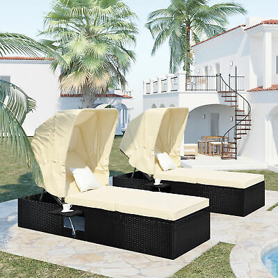 Outdoor Adjustable Long Reclining Single Chaise Lounge Chair w/ Cushions Canopy 2