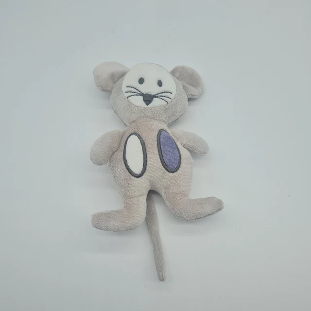 47 - Doudou Peluche Hochet Grelot Obaibi Souris Gris Blanc Mauve Violet Neuf