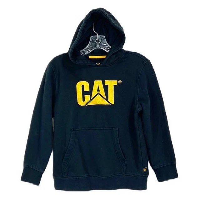 CAT Workwear Hoodie Kids Medium Black Yellow Logo Pullover Sweater Youth Casual