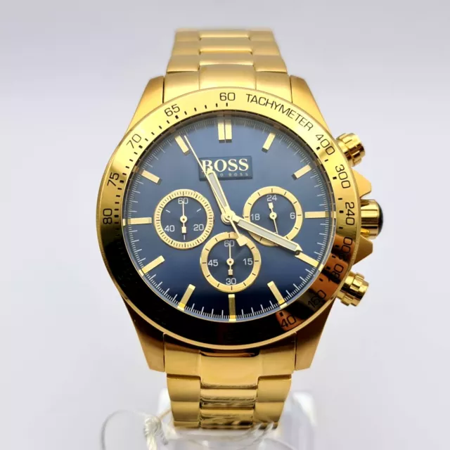 New Hugo Boss 1513340 Mens Ikon Steel Gold Blue Dial Chronograph Watch Uk