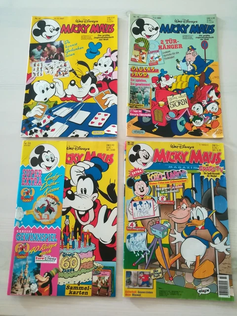 4 Micky Maus Hefte mit Beilagen - Dröhnkissen,Türanhänger,Trickkarten,Fotolabor