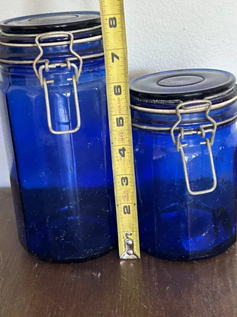 Vintage Cobalt Blue Glass Canister Set Of 2 Jars 12 Panel With Wire Bail Lids
