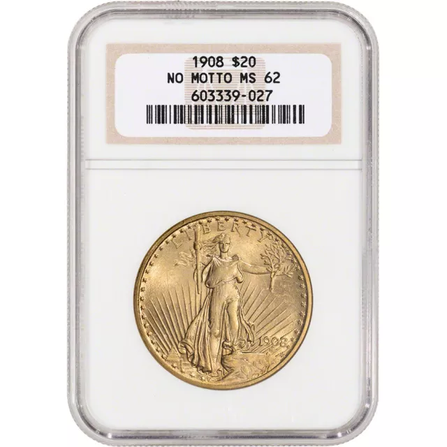US Gold $20 Saint-Gaudens Double Eagle - NGC MS62 - 1908 No Motto