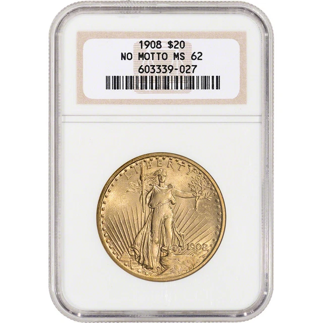 US Gold $20 Saint-Gaudens Double Eagle - NGC MS62 - 1908 No Motto