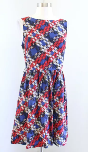 Trina Turk Red Blue Janny Plaid Silk Fit and Flare Sheath Dress Sz 6 Sleeveless