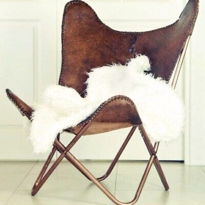 Caramel Color Handmade Leather Stitch Butterfly Full Folding Gold Relax Armchair