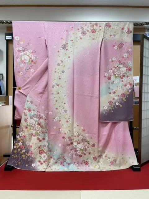 Furisode Kimono Japan Long-Sleeved Kimono, Pink, Floral Pattern, Pure Silk, Unma