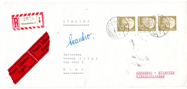 Bund Heuss II, 50Pf, Mi. 261 senkr. 3er-Streifen auf R + Eil-Brief "Rom" IT