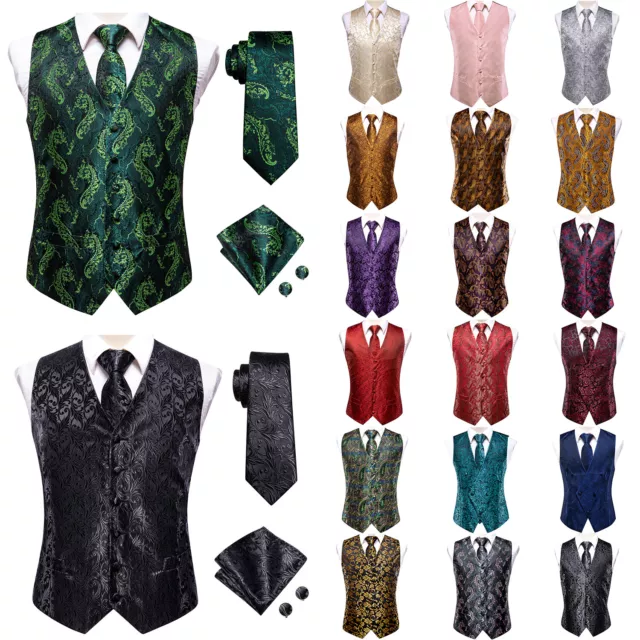 Mens Formal Wedding Waistcoat Paisley Floral Suit Vest Slim Tuxedo Silk Tie Set