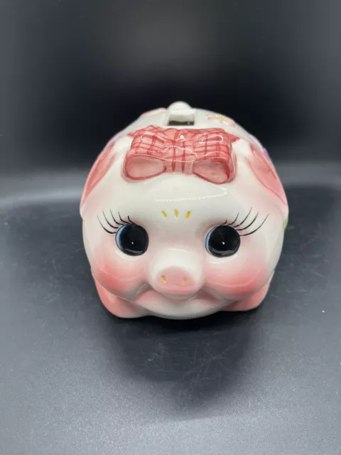 Vintage Pig Piggy Bank Big Eyes lashes Hand Painted Beautiful Pinwheels Heart