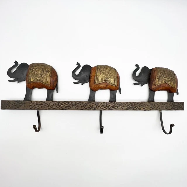 Hand Crafted Ethnic Elephant Metal Wood Decorative 3 Hook Key Holder Wall Art