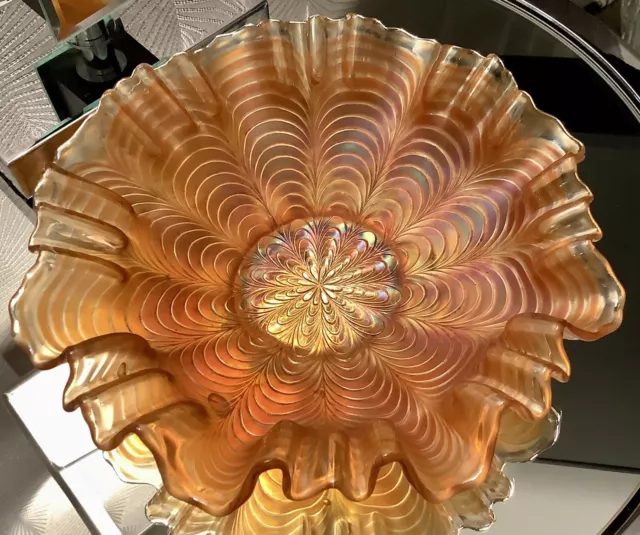 Fenton Peacock Tail Iridescent Marigold Carnival Glass Crimped Bowl Excellent!