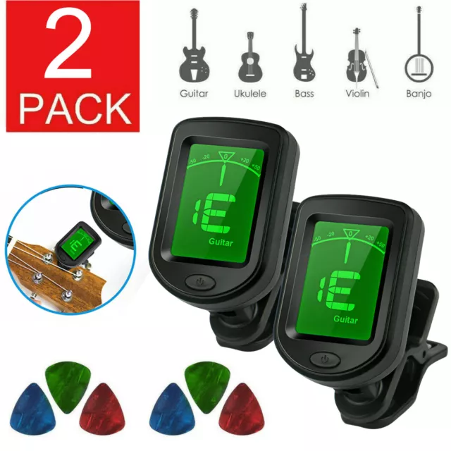 2Pcs Clip-On LCD Clip-on Digital Tuner for Guitar,Bass,Violin,Ukulele,Chromatic