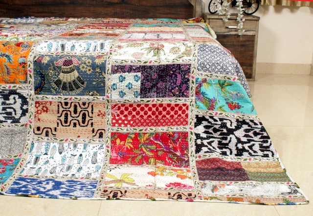 Colcha de algodón hecha a mano Kantha Patchwork colcha colcha talla King