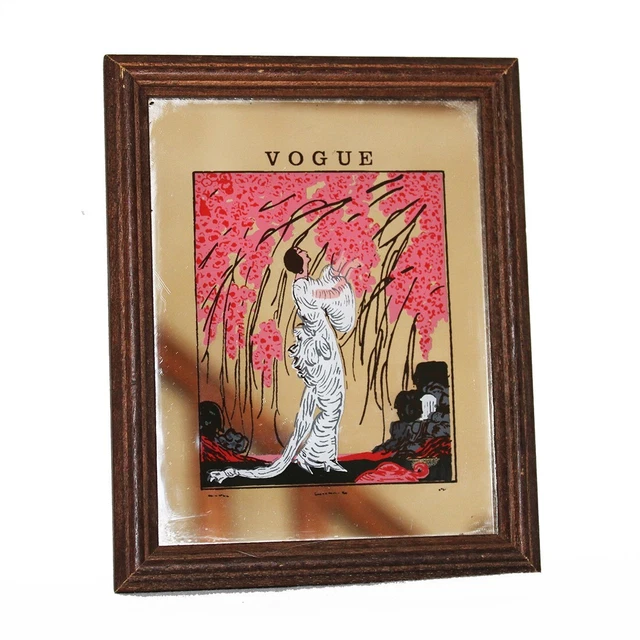 Miroir Publicitaire VOGUE Dame Au Paon - Cadre Bois Art Déco Vintage, Occasion